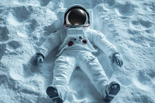 An astronaut in a white space suit sprawls on the moon's surface, surrounded by lunar dust and craters. This tranquil scene captures the beauty of space exploration.
