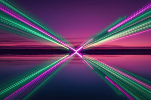 A breathtaking scene featuring vibrant light beams reflecting over calm water during dusk. The dramatic colors of pink, purple, and green create a stunning visual harmony.