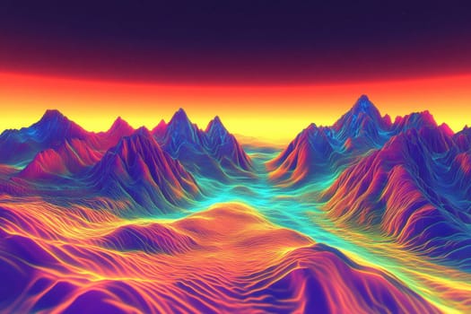 This captivating landscape features neon mountains and a luminous sky, creating an otherworldly view that invites exploration and wonder.