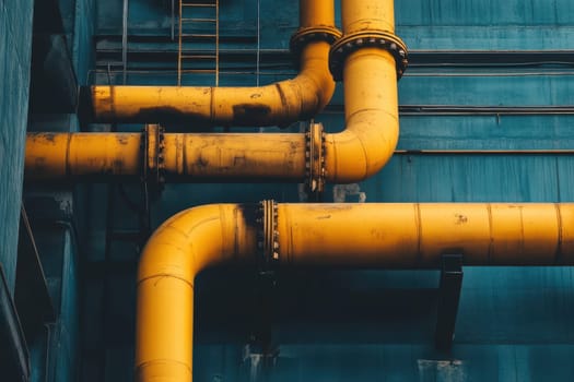 Detailed view of yellow industrial pipes against a blue wall, showcasing textures and geometric patterns. Perfect for urban and architectural themes.
