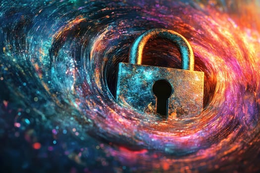 A surreal depiction of a padlock set against a swirling cosmic backdrop, symbolizing security and mystery in an expansive universe.