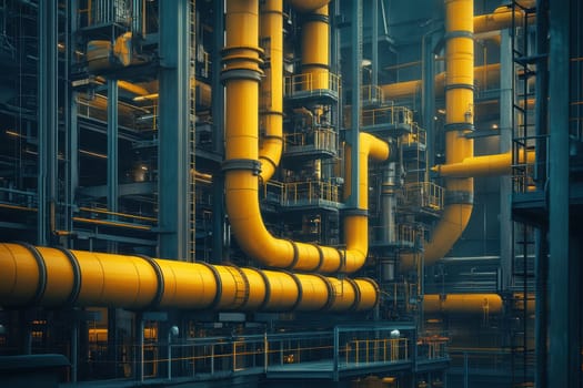 A detailed view of industrial pipes in a modern factory setting, showcasing a vibrant yellow hue amidst gray structures. Highlights efficiency and design.