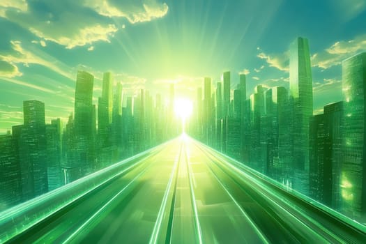 A stunning view of a bright, futuristic city skyline bathed in green hues with a shimmering pathway leading toward the horizon.