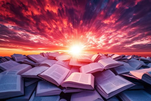 A captivating image showcasing a pile of open books against a stunning sunset backdrop, radiating light and inspiring a sense of creativity and exploration.