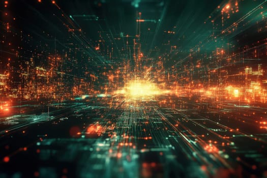 A mesmerizing futuristic digital landscape showcasing glowing data points and vibrant trails in dark space. Ideal for tech and creative projects.