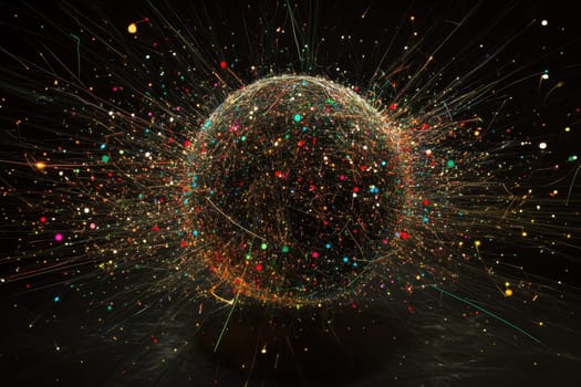 A stunning abstract image featuring a colorful sphere surrounded by radiant particles, illustrating motion and energy in a captivating design.