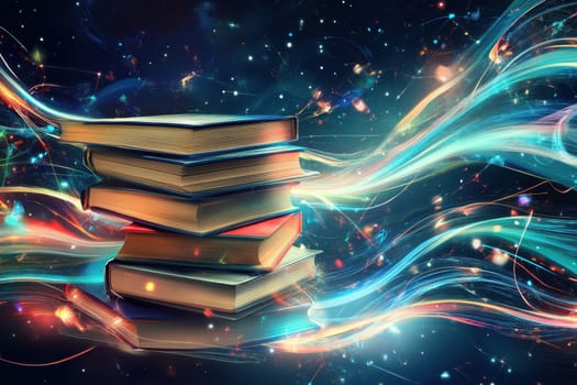 A vibrant stack of books surrounded by luminous swirling light trails against a starry backdrop, symbolizing creativity, knowledge, and exploration.
