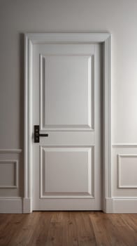 The image shows a white door isolated on a grey wall background. The door is made of wood and has a simple design with six panels. The door is closed and has a silver handle.