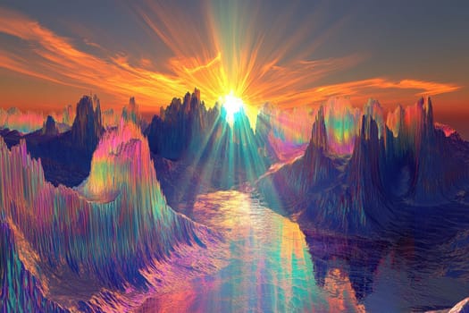 Captivating abstract landscape showcasing colorful peaks under a radiant sunrise. Vibrant reflections on the water create a dreamlike atmosphere, perfect for artistic projects.