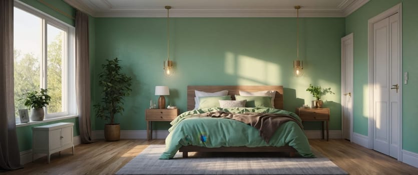 This classic bedroom showcases soothing green walls that provide a serene backdrop. A spacious window allows natural light to flood the room, while the cozy bed invites relaxation and restful sleep.