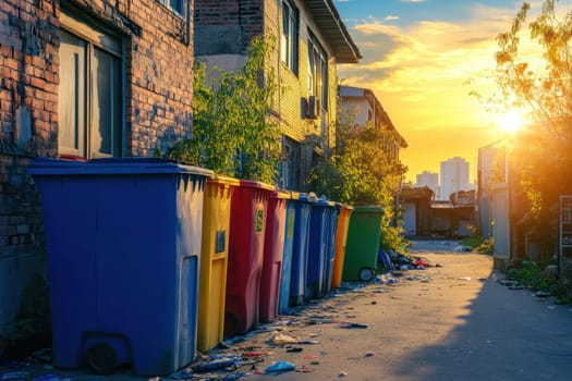A vibrant scene featuring colorful trash bins aligned on a street during sunset, highlighting waste management in an urban environment.