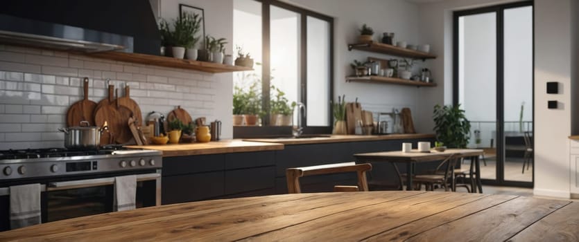 This image showcases a rustic kitchen with wooden furniture, cabinets, and shelves, featuring kitchen utensils and plants, creating a warm and inviting atmosphere ideal for home decor.