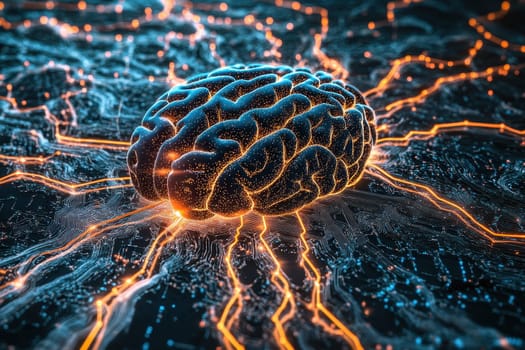 A stunning visual of a digital brain surrounded by glowing electric signals, symbolizing advanced technology and neural connectivity in modern science.