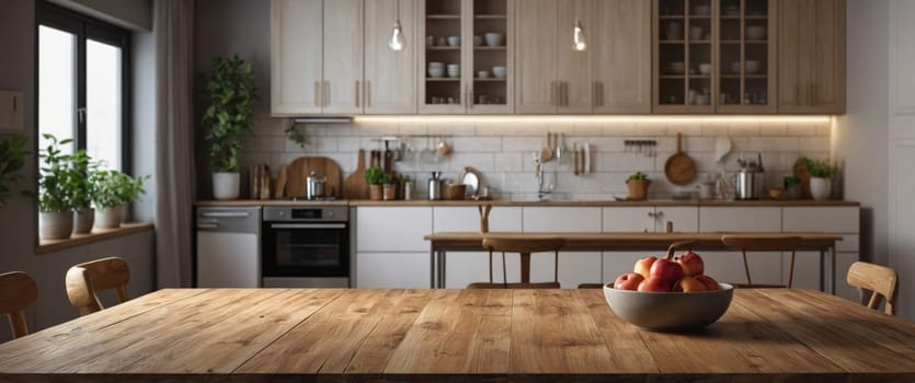 The kitchen is decorated in a rustic style with white cabinets, a wooden table, and stainless steel appliances. There is a window in the background that looks out onto the city.