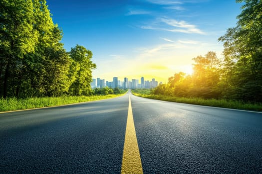 A stunning view of a smooth road stretching toward a vibrant city skyline at sunrise, surrounded by lush greenery and a clear blue sky.