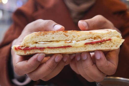 A mouthwatering sandwich filled with savory cheese and succulent ham held in eager hands