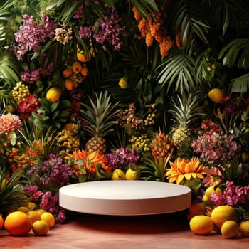 A stunning showcase of tropical fruits and flowers celebrating nature's beauty and abundance in a lush garden setting.