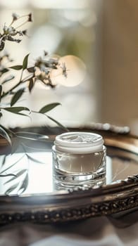 Cosmetic cream in a glass jar. Skin care concept. Background for beauty products