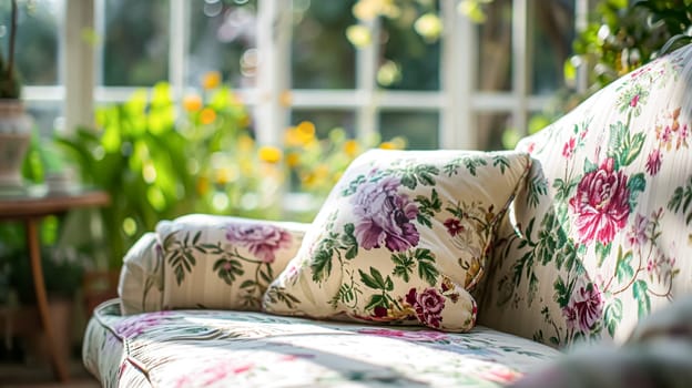 Colorful pillows on sofa against glass wall of window in a winter garden or conservatory. Interior textile concept. High quality photo
