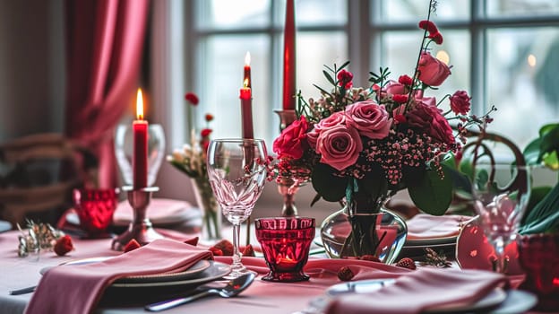 Festive table setting with candles and arrangement of beautiful red flowers. Holiday concept. High quality photo