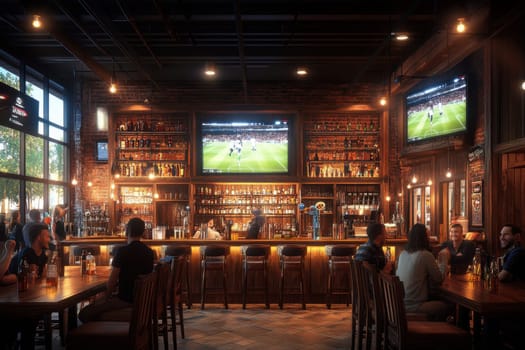 A lively sports bar filled with fans enjoying live games on large screens creating an energetic and social environment.