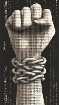 Powerful fist, adorned with intricate patterns, is breaking free from heavy chains, symbolizing the struggle for freedom and equality