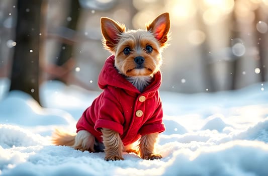 A small dog wearing a cozy red coat sits in the snow, surrounded by trees, enjoying the winter afternoon light.