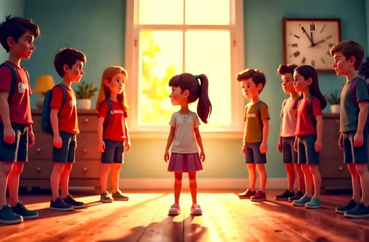 A teenager stands alone in a sunlit room while a group of peers surrounds her, illustrating feelings of isolation and conflict.