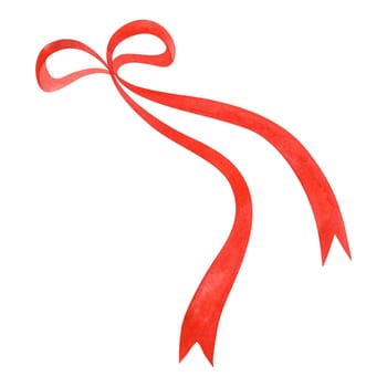 Red bow made of narrow ribbon for decorating bouquets, bottles or clothes. Isolated watercolor illustration for postcard. Clipart