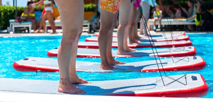 Close-up view of people standing on paddleboards in a sunny tropical pool, getting ready for balance training and yoga. Concept of aquatic fitness, wellness, and summer recreation