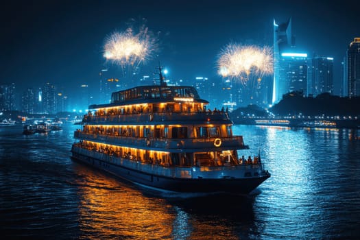 A breathtaking river cruise amidst a vibrant fireworks display illuminating the city skyline for an unforgettable night.