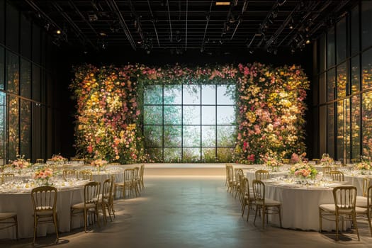 A stunning wedding reception featuring floral decorations illuminated by natural light creating a romantic atmosphere.