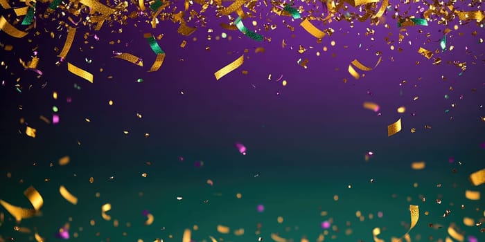 Festive celebration Mardi Gras background with purple and green colors and scattered gold confetti.
