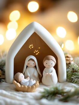 Charming wooden nativity scene with soft toys for Christmas decoration.