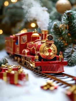 Classic red and gold toy train amidst a festive holiday setting for Christmas decor.