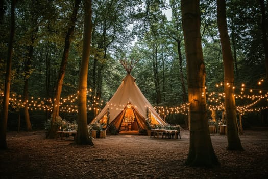 Experience a magical forest event in a beautifully lit tipi perfect for intimate celebrations surrounded by nature.
