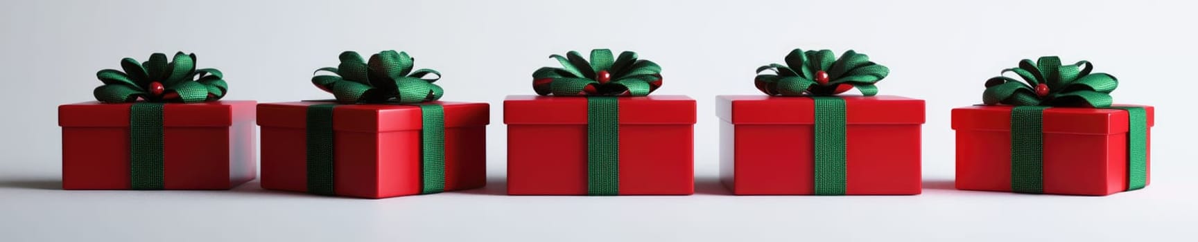 Festive arrangement of red gift boxes with green ribbons for holiday celebrations.