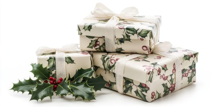 Elegantly wrapped Christmas gift boxes with holly decorations for holiday celebration.