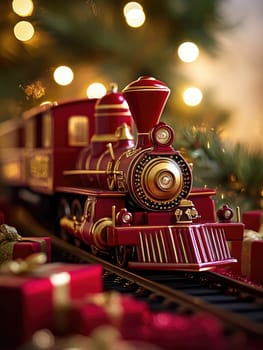 Nostalgic holiday toy train in red and gold amidst festive decorations.