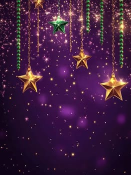 Festive minimalistic purple background with golden stars and glittering for holiday Mardi Gras.