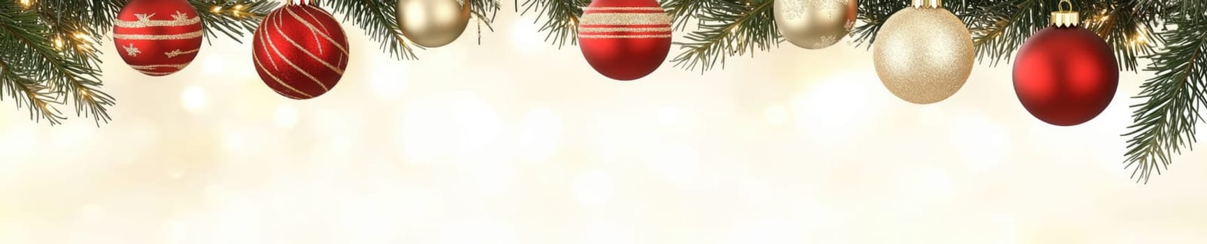 Festive Christmas tree ornaments with shiny red and gold baubles for holiday decor.