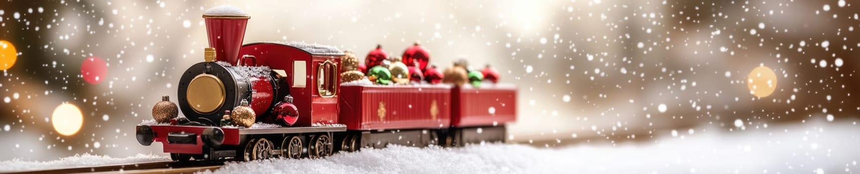 Festive red Christmas train toy carrying gifts with holiday decorations and snow.