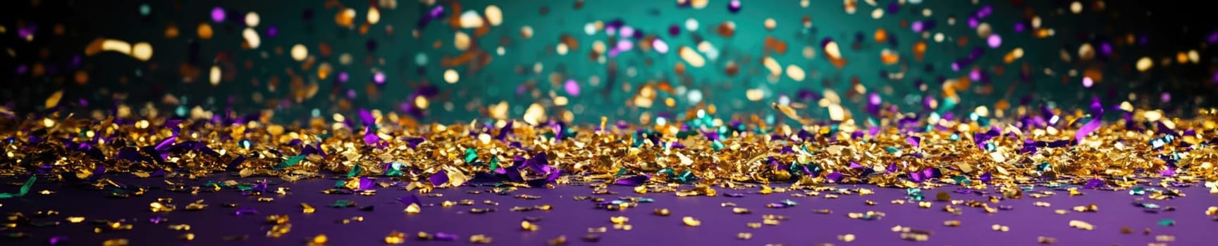 Vibrant celebration Mardi Gras with gold confetti on purple and green backdrop.