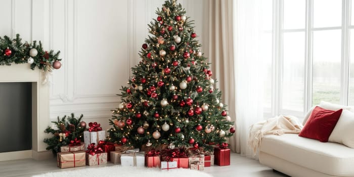 Beautifully decorated Christmas tree with glittering ornaments and festive gifts in cozy living room.