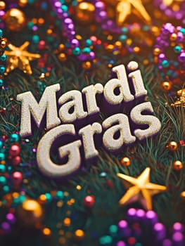 Festive Mardi Gras celebration background with dark green base and colorful beads.