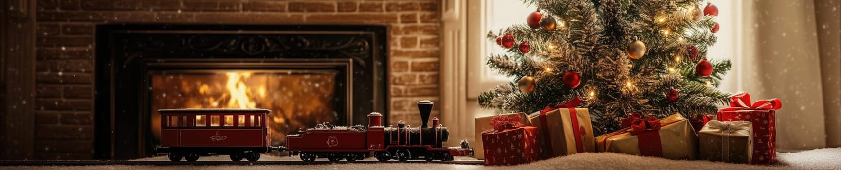 Cozy Christmas setting with toy train and decorated tree by the fireplace.