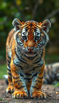 A young tiger walks confidently on a forest floor, its vibrant fur glistening in the daylight. The background features blurred vegetation, creating a serene yet wild atmosphere.