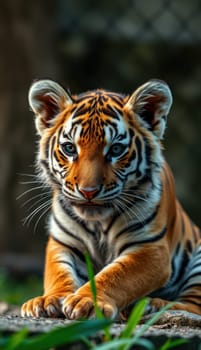 A young tiger is resting calmly, showing off its distinctive orange and black fur. The setting is lush with greenery, enhancing the tiger's vivid presence in nature.