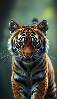 A captivating tiger stands firmly in a vibrant forest, its striking orange and black stripes contrasting beautifully with the green surroundings.
