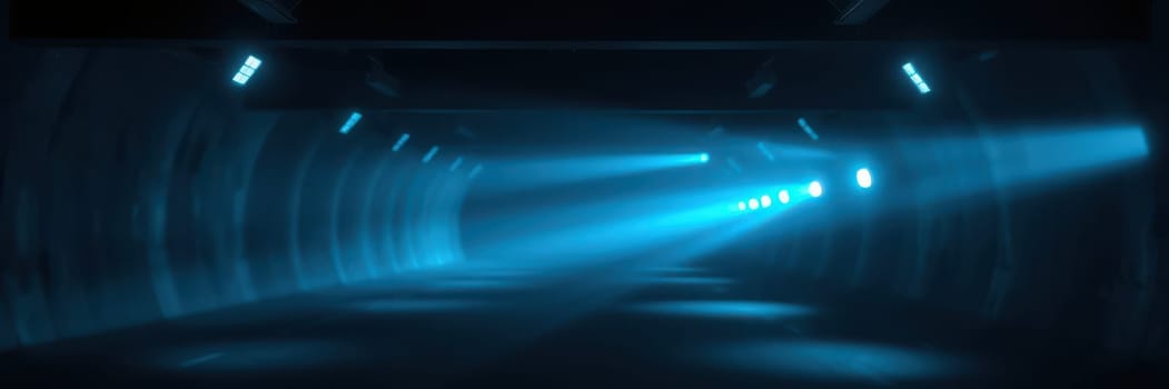 Soft blue beams of light stretch through a dimly lit corridor, revealing smooth surfaces and creating an eerie mood in an underground location during nighttime.
